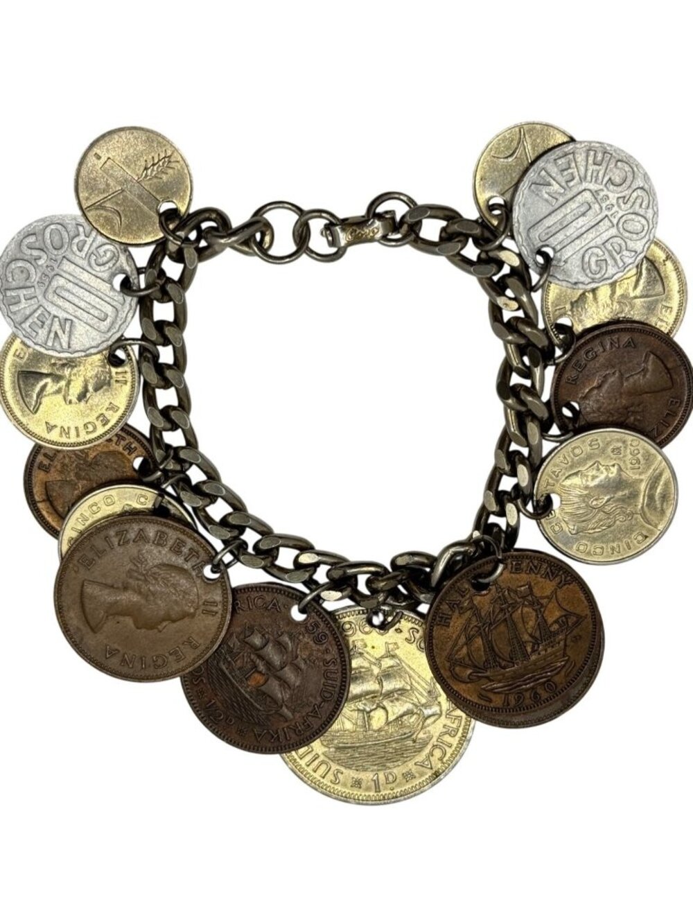 Real World Coin Bracelet VTG 50’s 15 Coins Europe Africa Asia Mexico Charm 7”